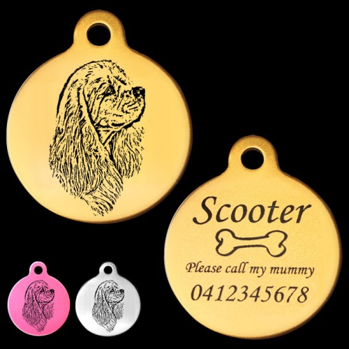 American Cocker Spaniel Side View Engraved 31mm Large Round Pet Dog ID Tag
